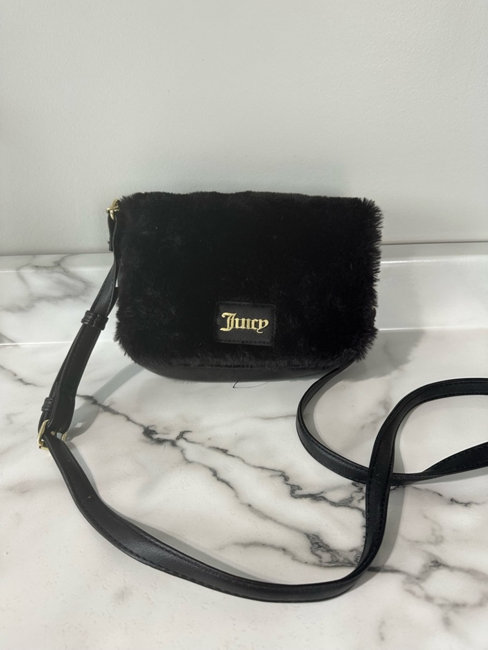 Juicy Couture Black Faux Fur Crossbody with Gold Logo